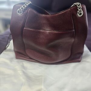 Burgundy Leather Shoulder Bag with Silver Chain Detail